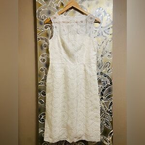 Maggy London White Sheath Midi Dress Crew Neck Sleeveless